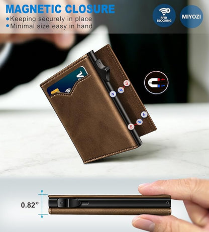 miyozi Wallet for Men,with Cash Pocket 2 ID Window 9-13 Cards,Metal Case Smart Slim Pop Up Credit Card Holder Flip with Magnetic Closure RFID Blocking Trifold wallet with Gift Box