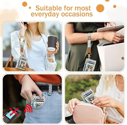 Yonlevres Owl Credit Card Holder Slim Wallet, RFID Wallet Women Front Pocket Wristlet Lanyard, Small Card Holder Travel Funny Cute Thin Card Case ID Window PU Leather Card Organizer Gifts Girls