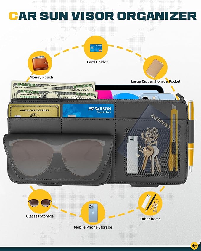 Trumgeta Car Sun Visor Organizer Premium Leather Storage Bag with Magnetic Sunglass Pocket, Extra-Large Zippered Compartment & Anti-Slip Mesh Pocket Sun Visor Organizer for Trucks, SUVs & Cars