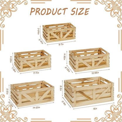 Wooden Crates for Display 5 Pack Wood Storage Crate for Home Rustic Nested Crates with Handles, Farmhouse Wooden Basket for Storage Container and Decorations XL
