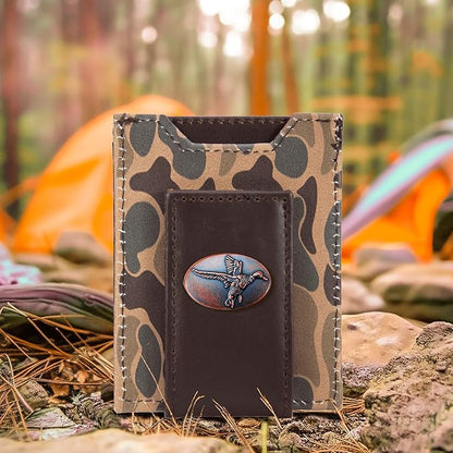 ZEP-PRO Mallard Men's Magnetic Front Pocket Old School Camo Leather Wallet – Slim Design with Card Slots and Money Clip, Brown/Tan Camo