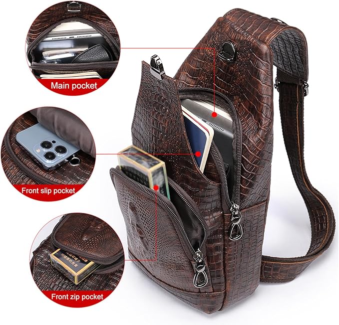 NIUCUNZH Crocodile Leather Sling Bag with Leather Strap, 3 Zipper Crossbody Shoulder Bags for Travel Hike Everyday Carry
