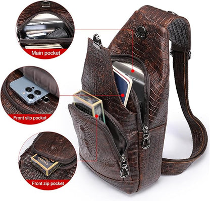 NIUCUNZH Crocodile Leather Sling Bag with Leather Strap, 3 Zipper Crossbody Shoulder Bags for Travel Hike Everyday Carry