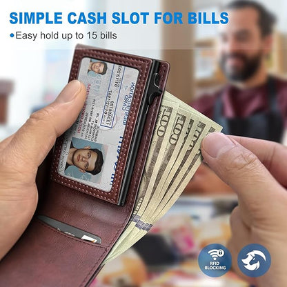 Wallet for Men, Slim Pop Up Card Holder with RFID Blocking, Minimalist Bifold Wallet with 9 Card Slots, ID Window and Cash Pocket, Metal Flip Case with Magnetic Closure, Gift Box
