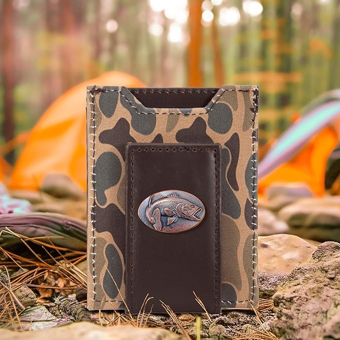 ZEP-PRO Bass Men's Magnetic Front Pocket Old School Camo Leather Wallet – Slim Design with Card Slots and Money Clip, Brown/Tan Camo
