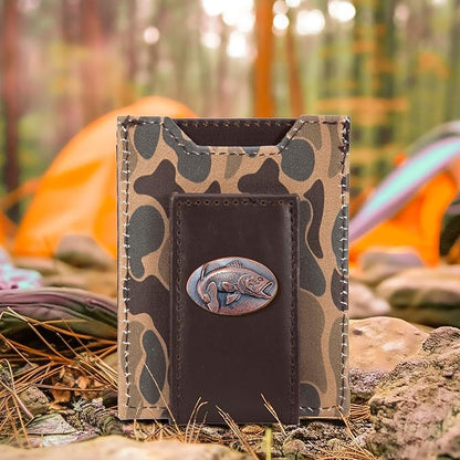 ZEP-PRO Bass Men's Magnetic Front Pocket Old School Camo Leather Wallet – Slim Design with Card Slots and Money Clip, Brown/Tan Camo