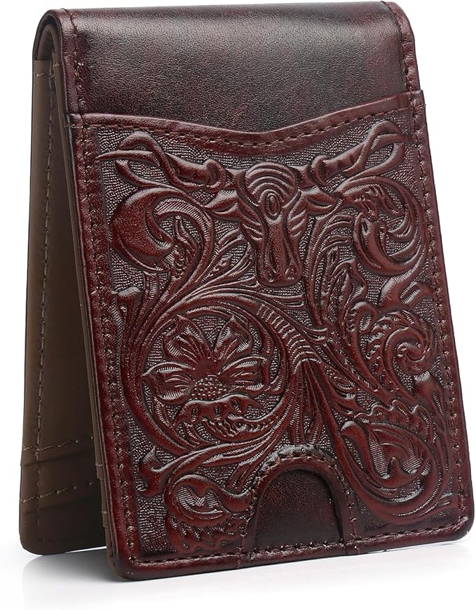 Pefiam Full Grain Leather Bifold Wallet for Men - 11 Slots, RFID Blocking, Gifts for Men - Cowboy Red