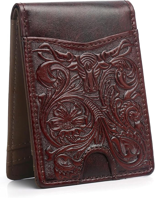 Pefiam Full Grain Leather Bifold Wallet for Men - 11 Slots, RFID Blocking, Gifts for Men - Cowboy Red