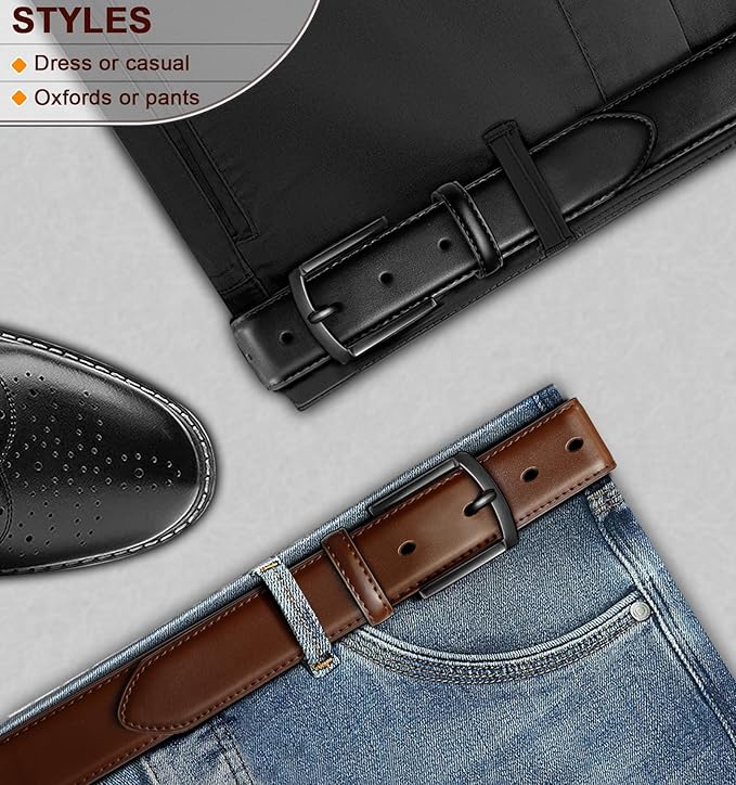 BULLIANT Men Belt 2Pack-Leather Belt 7Holes Comfortable For Men's Dress Casual Jeans 1 3/8"
