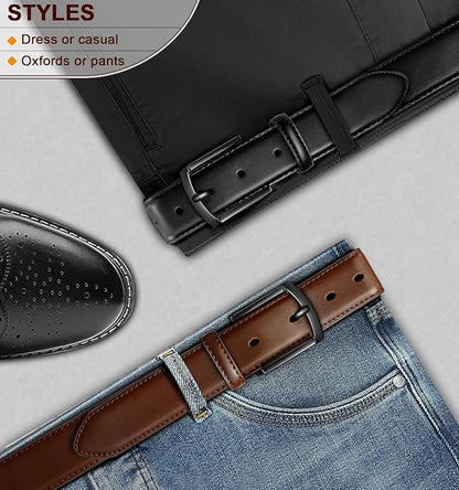 BULLIANT Men Belt 2Pack-Leather Belt 7Holes Comfortable For Men's Dress Casual Jeans 1 3/8"