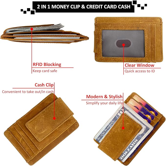 Money Clip RFID Front Pocket Wallet Men Leather Slim Minimalist Wallet