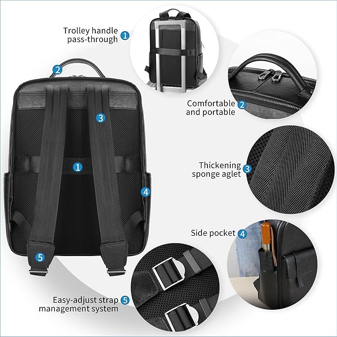 Colins Keirs Men's Black Leather Backpack for Work Travel, Durable Genuine Leather Laptop Backpack with 15.6-inch Computer Compartment, Stylish Professional Designer