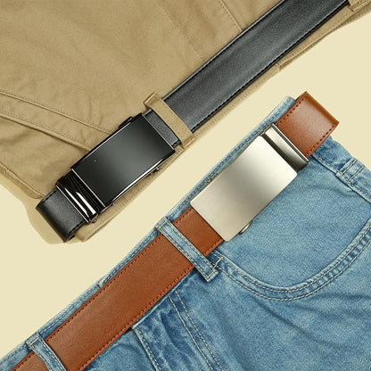 2 Pack Ratchet Belt 1 3/8", Mens leather Dress Belt in Gift Set Size 28"-62" Adjustable waist Trim to Fit