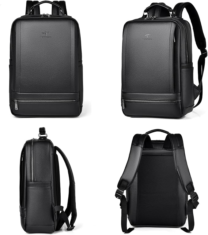 CHAO RAN Leather Laptop Backpack for Men Fit 15.6 Inch Laptop, Business Work Office College Medium Backpack with USB Charging Port, Waterproof Black Travel Bag (Black19)