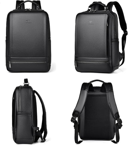 CHAO RAN Leather Laptop Backpack for Men Fit 15.6 Inch Laptop, Business Work Office College Medium Backpack with USB Charging Port, Waterproof Black Travel Bag (Black19)