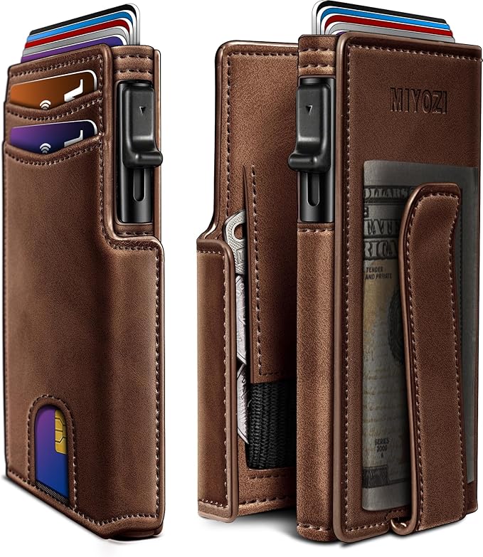 miyozi Wallet for Men, Magnetic Minimalist Slim Wallet with Pop Up Card Holder, 9 Cards RFID Blocking Metal Credit Card Case, Leather Wrapped Money Clip, ID Window & Small Item Slot, Gift Boxed