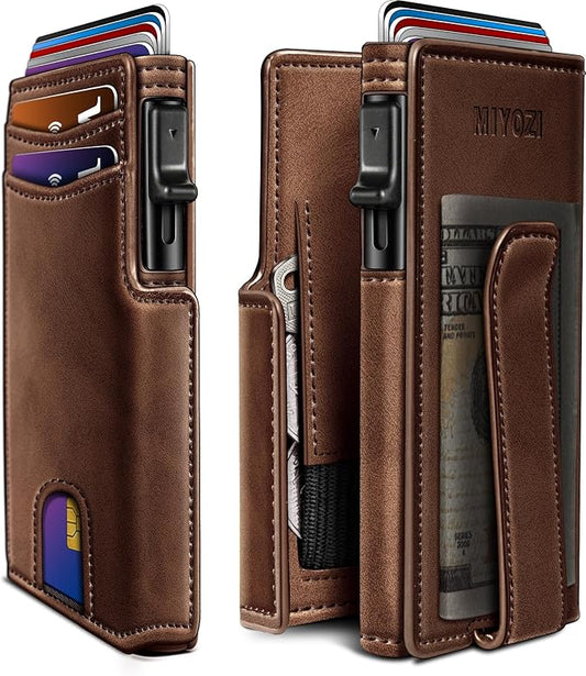 miyozi Wallet for Men, Magnetic Minimalist Slim Wallet with Pop Up Card Holder, 9 Cards RFID Blocking Metal Credit Card Case, Leather Wrapped Money Clip, ID Window & Small Item Slot, Gift Boxed