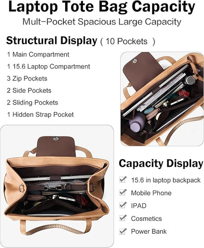 FADEON Large Laptop Tote Bag for Women Designer Leather Laptop Bag Fashion Travel Backpack Purse Shoulder Handbag