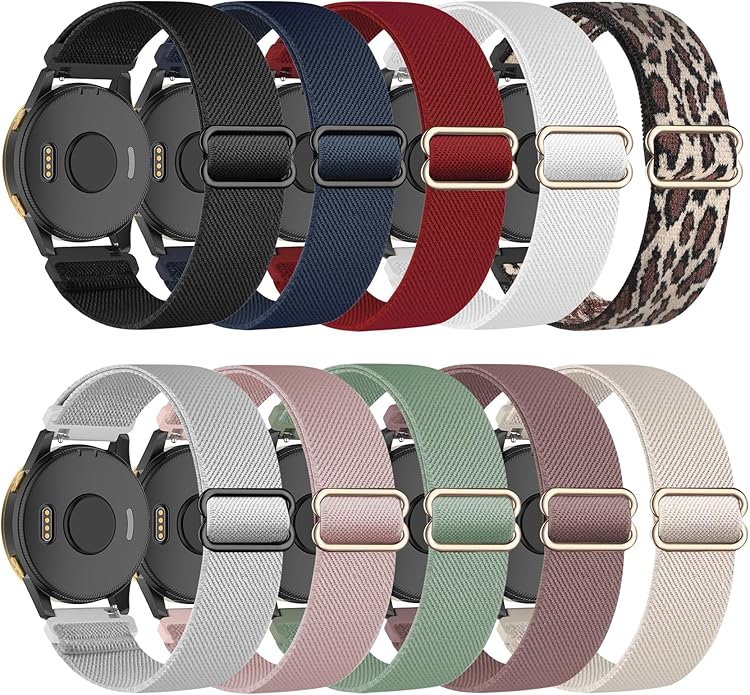 Compatible with Garmin Vivoactive 5 Band 20mm, Vivoactive 6/3, 10 Pack Nylon Watch Bands for Garmin Forerunner 165/55/245/Venu/Venu Sq/Venu 2 Plus Soft Stretchy Replacement Strap for Women Men