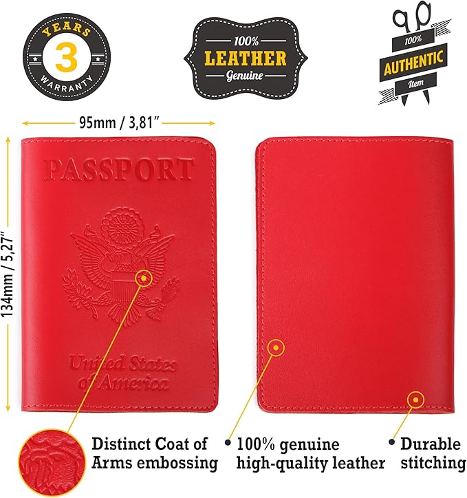 Shvigel US Leather Passport Book Cover - Thin American Travel Passport Holder - Premium International USA Passport Protector Case for Women Men (Red)
