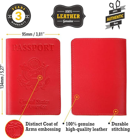 Shvigel US Leather Passport Book Cover - Thin American Travel Passport Holder - Premium International USA Passport Protector Case for Women Men (Red)
