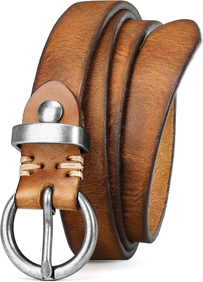 SANSTHS Womens Genuine Leather Belts for Jeans Pants Trendy Vintage Thin Leather Belt Gold Buckle Ladies Skinny Waist Belt