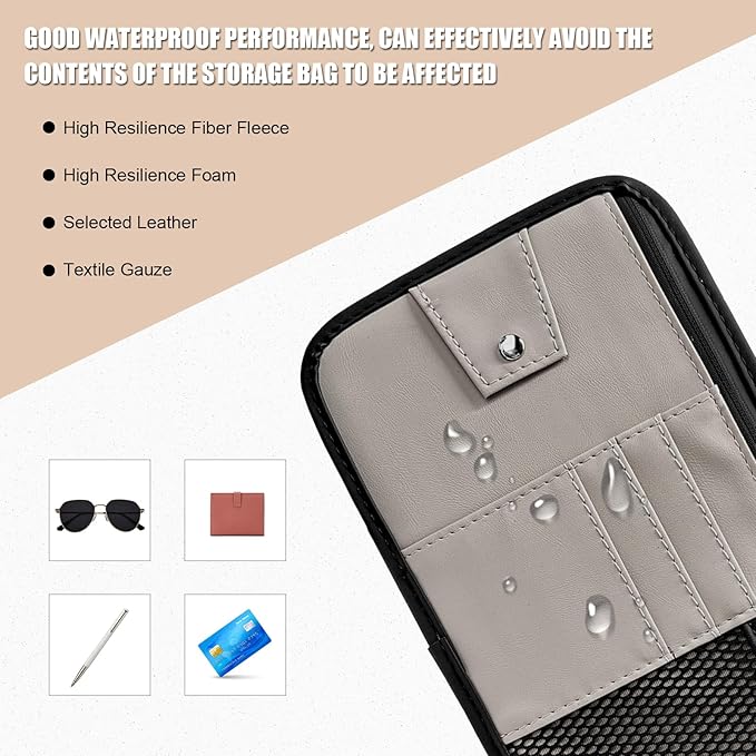 Car Sun Visor Organizer, PU Leather Multi-Pocket Visor Storage Pouch with Zipper, Auto Interior Document Holder Sunvisor Card Sleeve Pocket Organizer for Driving License Pen Key (Gray)