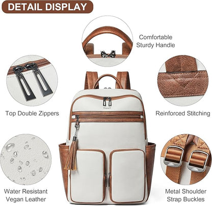 Shrrie Laptop Backpack for Women 16 Inch,Vegan Leather Travel Backpack Purse Work Business Computer Backpacks Teacher Nurse College Laptop Bookbag Casual Daypack,Beige with Brown