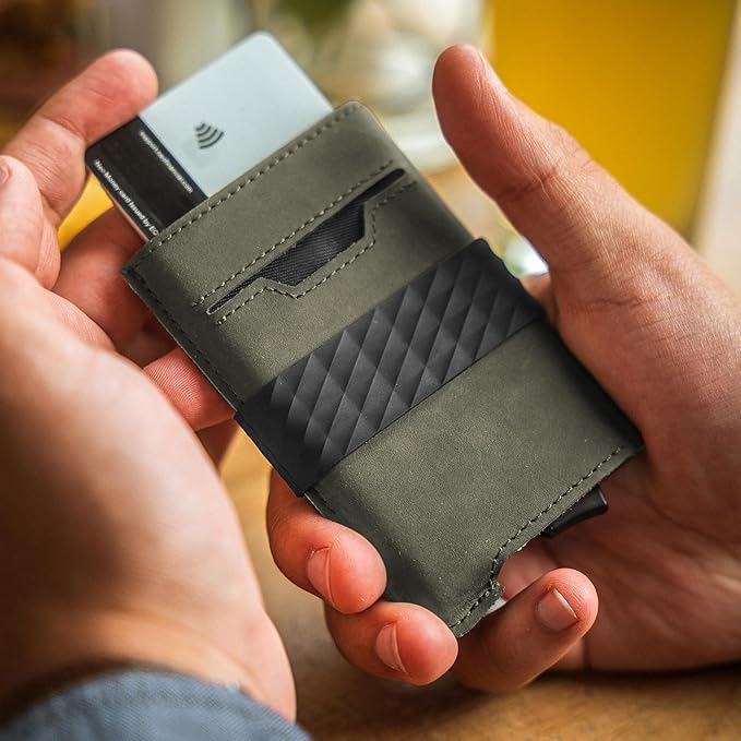 Hacksmith The Smith Wallet – Slim RFID Blocking Wallet for Men – Minimalist Front Pocket Wallet with Money Clip Band – Tactical Leather and Metal Wallets for Credit Cards & Cash (Olive Green)