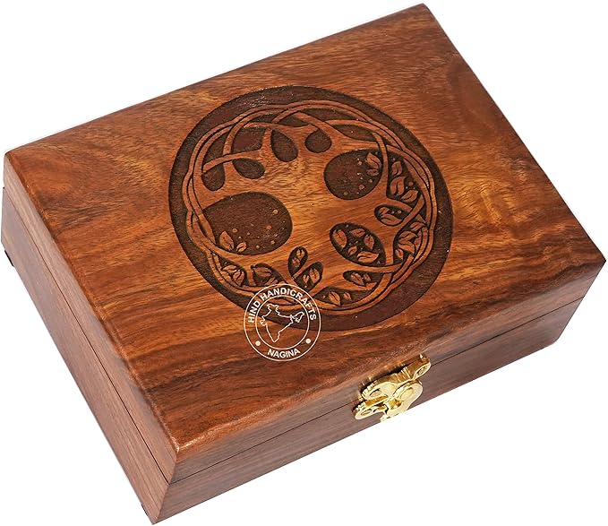 Rosewood Handmade Wooden Urn Tree of Life Engraving Handcarved Jewellery Box for Women-Men Jewel | Home Decor Accents | Decorative Boxes | Storage & Organiser (7" x 5.5" x 3.5", Tree - 6)