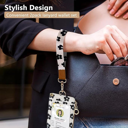 2-in-1 ID Badge Holder & Lanyard Wallet for Womens Cute Black Flower Leather Zip ID Case Wallet with Breakaway Wrist & Neck Lanyard, Clear Window, 5 Card Slots, Ring Keychain for Worker Teacher Nurse