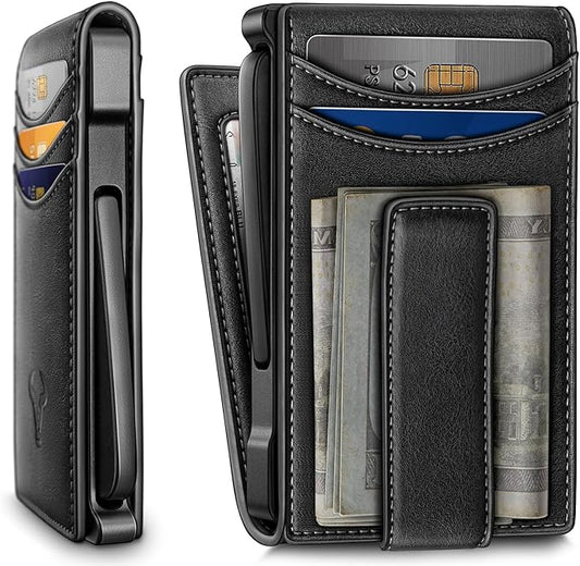 BULLIANT Men Wallet,Metal Case Money Clip with Grain Leather Flip 11 Cards-Pop-up Access Magetic Closure