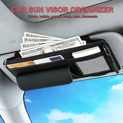 Car Visor Organizer - Sun Visor Storage with Sunglasses Holder,Visor Document Holder and Card Clip Leather Car Interior Accessory Fit for Truck SUV Vehicle