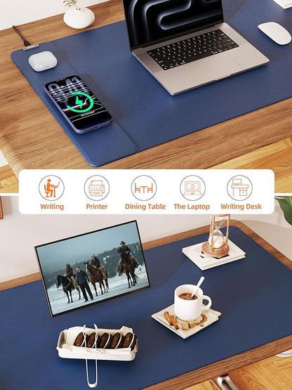 TopMade Mouse Pad with 15W Wireless Charging, XXL Large Leather Desk Mat, Waterproof Gaming Mousepad Home Office Desk Pad Protector, Computer Keyboard Pad, Mouse Mat for MacBook, PC, Laptop, Blue