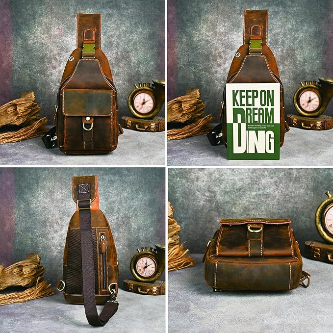 Genuine Leather Hiking Travel DayPack Sling Crossbody Triangle Chest Pack Bag For Men Women 8241 (Coffee 258204)