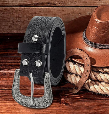 Utaly Men's Casual Leather-Belt, Western-Belt for Women Vintage Carved-Buckle Cowboy-Waist-Belts for Jeans Waist 28"-39"