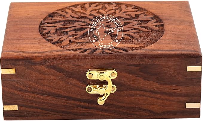 Rosewood Handmade Wooden Urn Tree of Life Engraving Handcarved Jewellery Box for Women-Men Jewel | Home Decor Accents | Decorative Boxes | Storage & Organiser (7" x 5.5" x 3.5", Tree - 2 Plane)