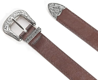 INOGIH Adjustable-Vintage-Western-Cowboy-Belt Women Men - Cowboy-Style Engraved-Buckle Belt for Jeans Pants Dresses