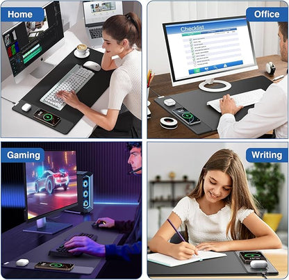 Magnetic Wireless Charging Mouse Pad, 31.5"x15.8" Large Gaming Desk Mat for Keyboard/Laptop, Non-Slip Base & 20W PD Adapter, Waterproof Ultra-Smooth Surface Mousepad for Gamer, Office & Home, Black