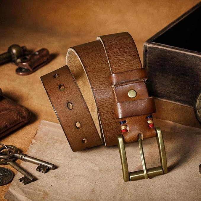 SANSTHS Mens Full Grain Cow Leather Belt Heavy Duty Work Belt Casual Every Day Belt for Jeans