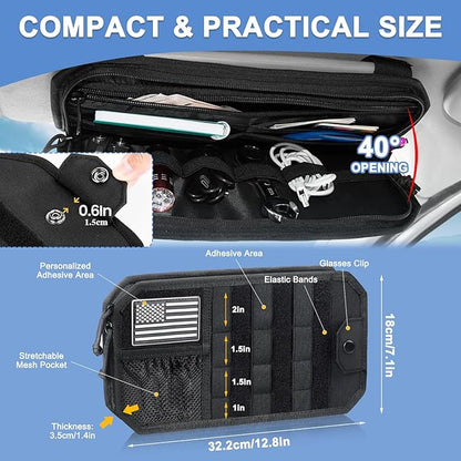 Car Sun Visor Organizer, Car Visor Organizer with Zipper, Visor Storage Pouch & Glasses Clip Molle Panel Multi-Pocket for Universal Most Vehicles SUVs Trucks