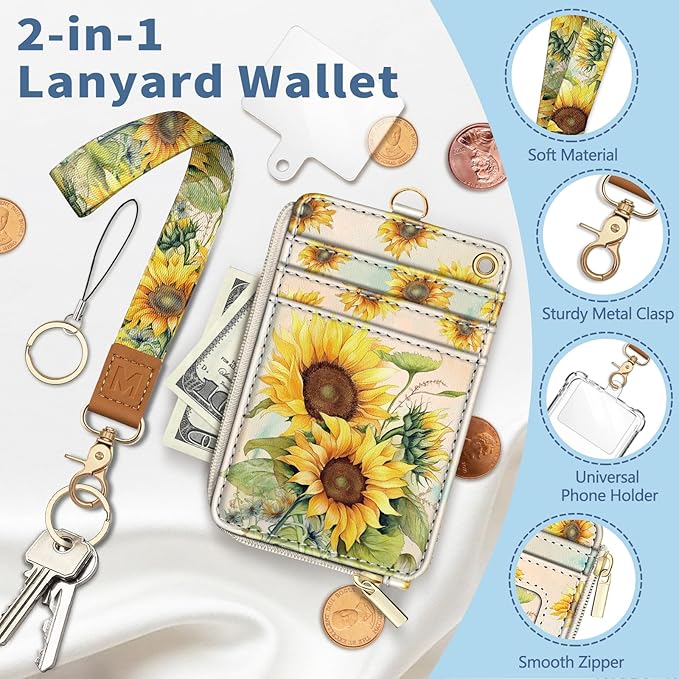 Lanyard Wallet with Id Badge Holder, Sunflower RFID Small Keychain Wallet Women Wristlet, Cute Zipper Credit Card Holder Phone Wrist Neck Strap for Key Name Tag, Teacher Student Office Gifts