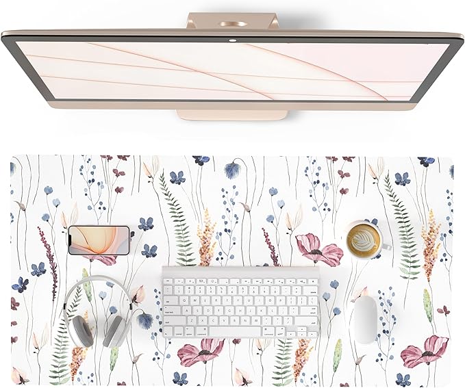 QIYI Large Mouse Pad, Cute Flower Desk Mat for Desktop, Women Girls Floral Office Décor Accessories, PU Leather Waterproof Big Gaming Mousepad, Wildflowers Desk Pad Computer Mat, 31.5" x 15.7"
