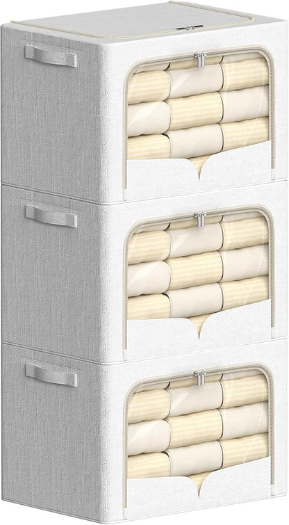 FHSQX 3 Pack Clothes Storage Bins Foldable Metal Frame Storage Box Stackable Linen Fabric Container Organizer Set with Carrying Handles and Clear Window (Cream White, 23.6x16.5x15.7inch(100L))