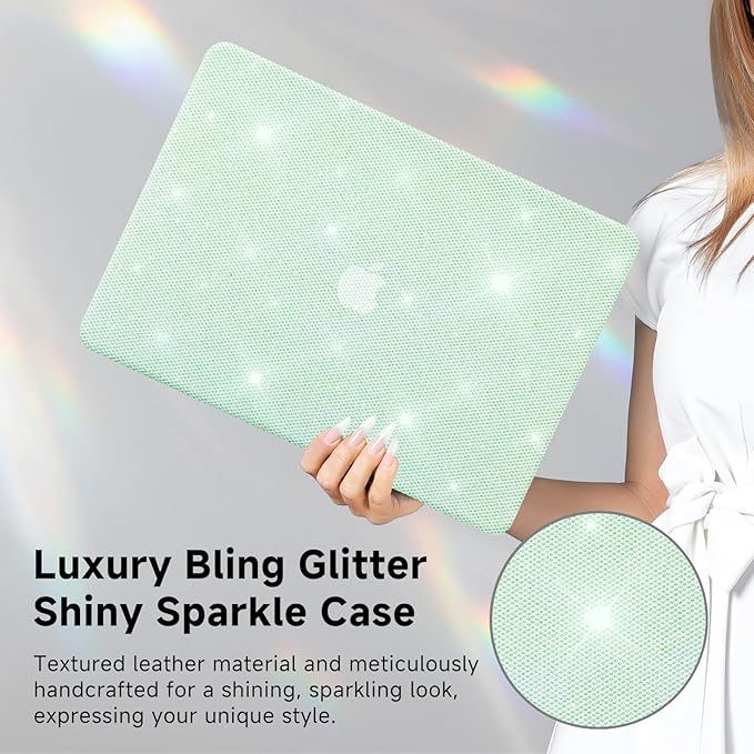 KEROM Bling Glitter Case for MacBook Pro 13 inch 2024-2016 M2 M1 A2338 A2289 A2251 A2159 A1989 A1706 A1708, Luxury Bedazzled Shiny Sparkle Glitter PU Leather Hard Shell Case & Keyboard Cover, Green
