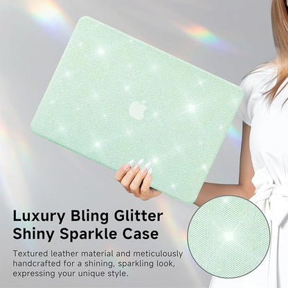 KEROM Bling Glitter Case for MacBook Pro 13 inch 2024-2016 M2 M1 A2338 A2289 A2251 A2159 A1989 A1706 A1708, Luxury Bedazzled Shiny Sparkle Glitter PU Leather Hard Shell Case & Keyboard Cover, Green