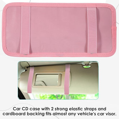 Car CD Case Holder, DVD Vehicle Visor Storage Orangizer Vehicle Sun Visor Organizer Large Capacity CD Case With 12 DVD Storage Sleeves, Mesh Pocket, Pen Holder And Elastic Strap, Pink Canvas Material