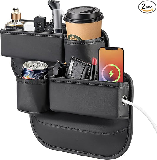 OUEST 2 Packs Car Seat Gap Filler Organizer, Car Seat Gap Storage Box with Cup Holder for Phone Drinks Glasses Keys