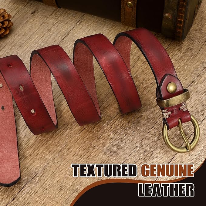 SANSTHS Womens Genuine Leather Belts for Jeans Pants Trendy Vintage Thin Leather Belt Gold Buckle Ladies Skinny Waist Belt