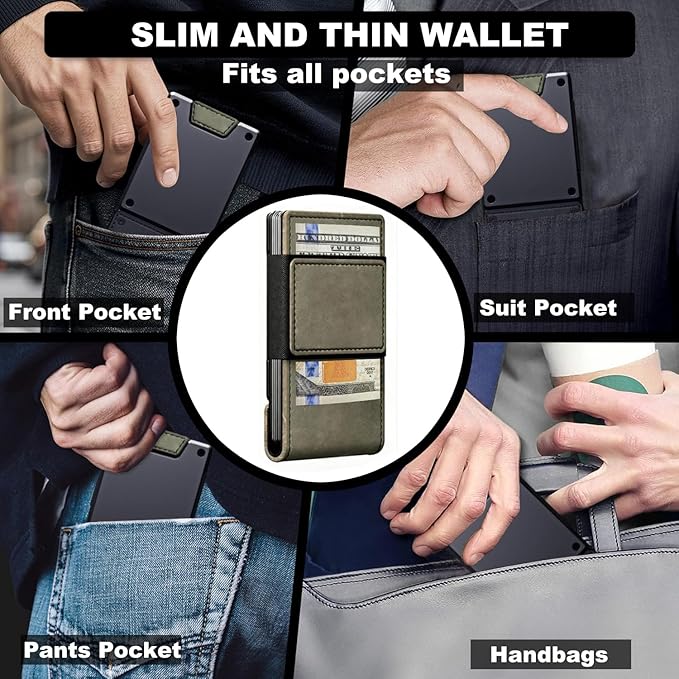 Slim Wallet for Men - Minimalist Compact Wallet and 25+ Card Holder, RFID Protected Front Pocket Wallets for Men with Integrated Elastic 10+ Cash Strap(Gray‌ PU Leather | Dark Green Metal)